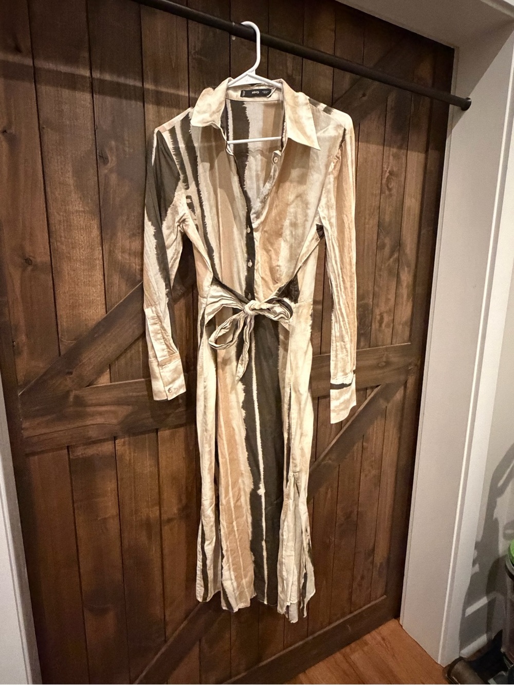 Mango Striped Tie-Waist Long Shirt Dress - Beige & Olive